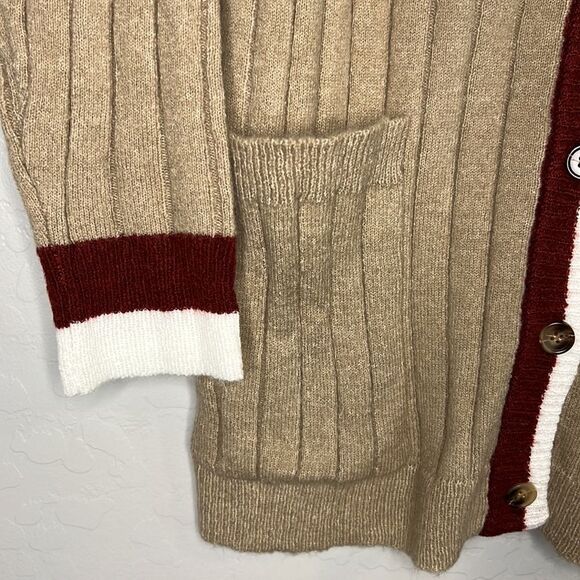 Dress Forum Women’s Taupe Burgundy Contrast Trim V-Neck Cardigan Size Large - Picture 5 of 9